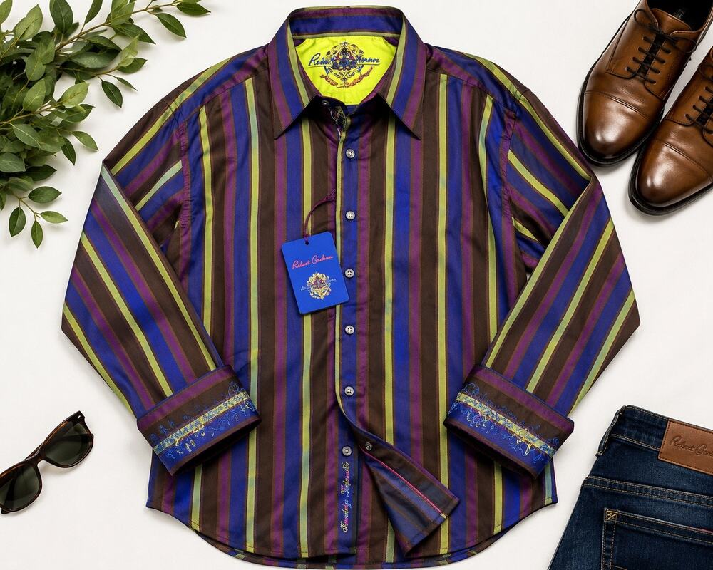 NWT Robert Graham Men’s 2XL Multicolor Striped Button Down Embroidered Cuff